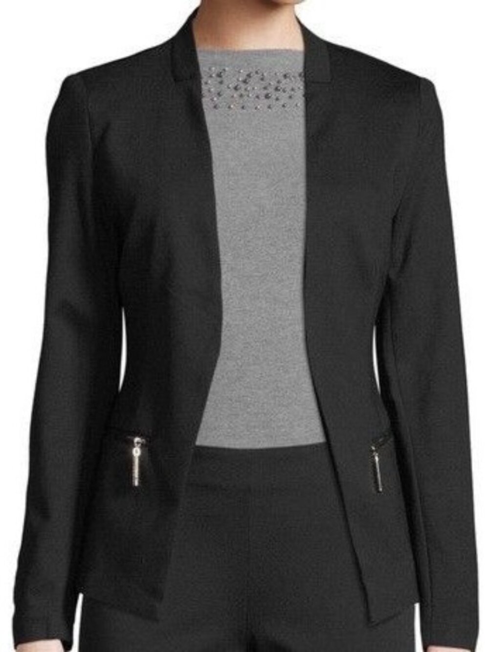 CARMEN Carmen Marc Valvo Black Open-Front Blazer Jacket w/ Zip Pockets  - 8